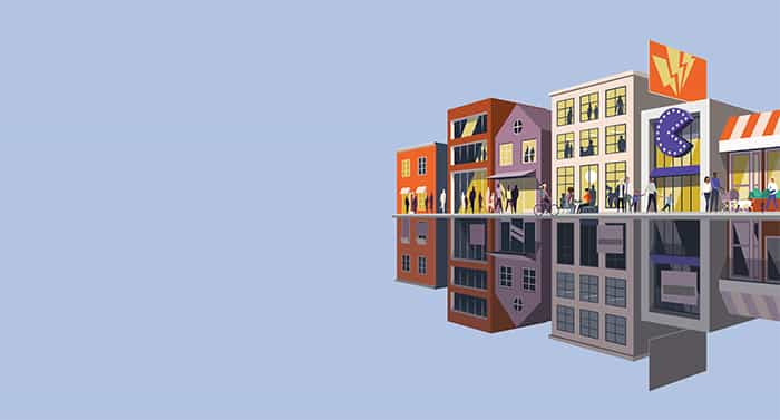 illustration of a series of experiential retail establishments